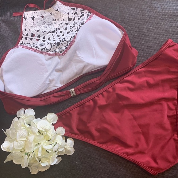 Burgandy Lace Detail Halter Top Bikini - Picture 3 of 8